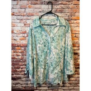 jm collection woman semi sheer blue floral button up top shirt women's size 18?